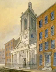 Severovýchodní pohled na kostel St Peter-le-Poer a Old Broad Street, City of London, 1815
