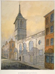Jihovýchodní pohled na kostel St Margaret Lothbury, City of London, 1815.