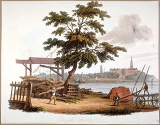 Muži stěhují dřevo v Bankside, Southwark, Londýn, c1810