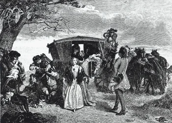 Highwayman Claude Duval zobrazený v legendárním okamžiku, kdy si odmítne vzít všechnu svou kořist, pokud s ním manželka jeho oběti zatančí „courante“ na Hounslow Heath (rytina)