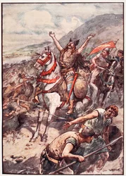„Pokud mi dáš vítězství nad těmito nepřáteli, budu pokřtěn ve tvém jménu“, deska z „Příběhu Francie“ od Mary MacGregor, 1920 (barevné lito)
