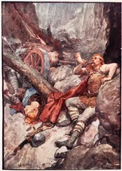 „Ještě jednou Roland zatroubil na roh ze slonoviny“, deska z „Příběhu Francie“ od Mary MacGregor, 1920 (barevné lito)