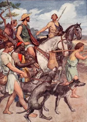 Pelopidas na cestě do Théb, ilustrace z "Plutarchova života pro chlapce a dívky", převyprávěl W. H. Weston, Londýn, cca 1910 (barevná litografie)