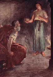 Filopoemen ve vězení, ilustrace z "Plutarchova života pro chlapce a dívky", převyprávěl W. H. Weston, Londýn, cca 1910 (barevná litografie)