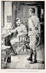 Yorke obdrží zásilku od Baden-Powella, ilustrace z „With Roberts to Pretoria: A Tale of the South African War“ od G.A. Henty, hospoda. Londýn, 1902