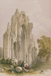 Guisborough Priory, interiér East Endu, z Monastic Ruins of Yorkshire, vyryl George Hawkins (1819-52), 1842