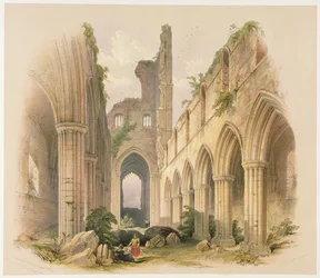 Kirkstall Abbey, Nave and Choir, z „The Monastic Ruins of Yorkshire“, vyryl George Hawkins (1819-52), 1842