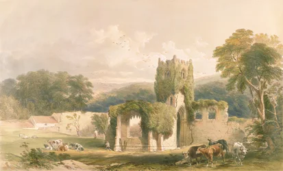 Převorství Mount Grace, exteriér kostela, z díla „The Monastic Ruins of Yorkshire“, rytina George Hawkins (1819-52), 1842