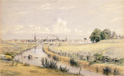 Jersey City s pohledem na New York z Bergenského kanálu, 1854