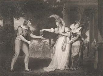 Před vévodským palácem-Rosalind, Celia, Orlando, vévoda..., poprvé vydáno 1800, znovu 1852.