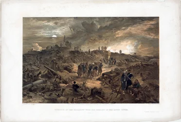 Krymská válka (1853-1856): epizoda obléhání Sevastopolu (Ukrajina), francouzské jednotky mezi ruinami poté, co dobyly Malakoffovu věž, 8. září 1855 (Po dobytí Malakoffu 8. září 1855) - Litografie Williama Simpsona (18