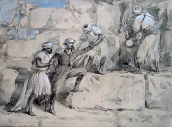 Rakouský císař vystupuje na Velkou pyramidu, Egypt, 1869.