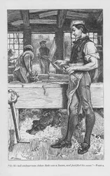 Adam Bede, vesnický truhlář, v dílně, jeho pes Gyp na hromadě hoblin pod lavicí. Adam Bede od George Eliota, poprvé publikováno 1859. Ilustrace William Small (1843-1929) z vydání vydaného kolem roku 1885.