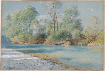 Řeka Traunstein na cestě do Empfigu, Bavorsko, asi 1893-96 (akvarel a kvaš na modrém papíře)