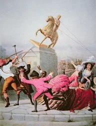 Newyorští vlastenci strhávají sochu Jiřího III. v Bowling Green, 9. července 1776.