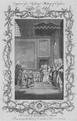 Vévoda z Queensberry a Doveru předkládá královně Anně zákon o unii, 1773.