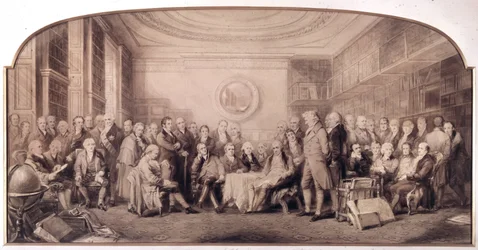 Významní muži vědy v letech 1807-1808. Setkání v knihovně Královského institutu věd v Anglii. Rytina Williama Walkera a Sira Johna Gilberta (1817 - 1897) - Eminent Men of Science Žijící v roce 1807 - Eminent Men of Science
