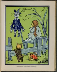 "Dorotka se zamyšleně dívá na strašáka", ilustrace z knihy "The wonderful Wizard of Oz" od Lymana Franka Bauma.