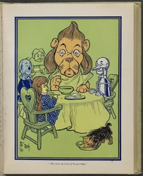 "Lev snědl trochu kaše", ilustrace z knihy "The wonderful Wizard of Oz" od Lymana Franka Bauma