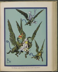 "Opice chytily Dorotku do náruče a odletěly s ní", ilustrace z knihy "The wonderful Wizard of Oz" od Lymana Franka Bauma.