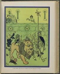 "Solider se zelenými vousy je vedl ulicemi", ilustrace z knihy "The wonderful Wizard of Oz" od Lymana Franka Bauma.
