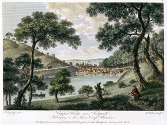 Copperworks poblíž Holywell, Flintshire, Wales ve vlastnictví Mona Company, 1792