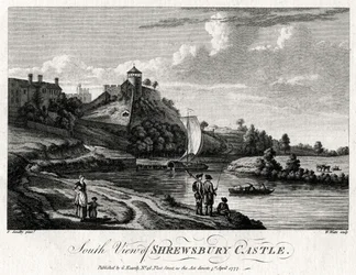 Jižní pohled na hrad Shrewsbury, Shropshire, 1777