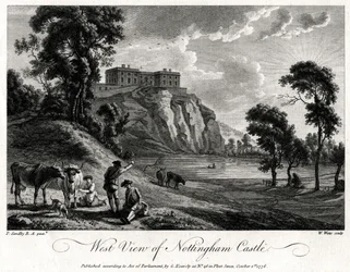 Západní pohled na hrad Nottingham, Nottinghamshire, 1776
