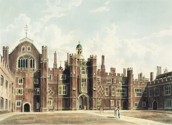 Pohled na nádvoří paláce Hampton Court z Pyneovy knihy "Královská sídla", kterou vyryl Thomas Sutherland (nar. asi 1785) a která byla vydána v roce 1819.