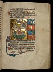 Ms 322 f.67r, Žalm 68, iniciála S, Jonáš se modlí ke Kristu při výstupu z velryby a Jonáš hozený na velrybu, ilustrace z 