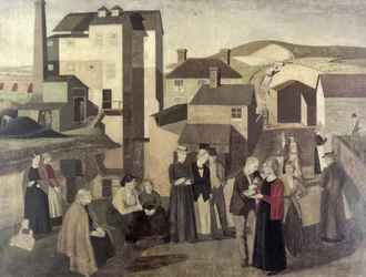 Scéna ve vesnické ulici s konverzací Mill-Hands