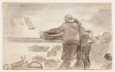 Pláž s čluny a lidmi, Cullercoats, Anglie