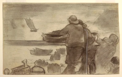 Pláž s loděmi a lidmi, Cullercoats, Anglie