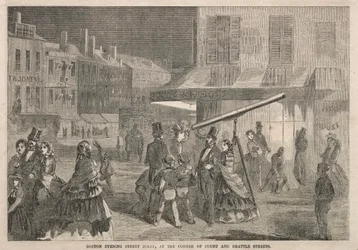 Boston Evening Street Scene, na rohu Court a Brattle Streets, 1857.
