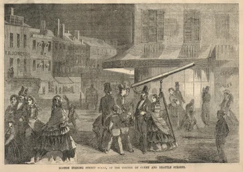 Bostonská večerní pouliční scéna na rohu ulic Court a Brattle, z Ballouova obrazového časopisu Drawing-Room Companion, 7. listopadu 1857