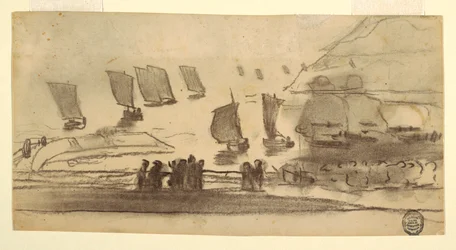 Kresba, Plážová scéna s lidmi a rybářskými čluny, Cullercoats, Anglie, 1881-82