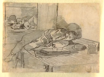 Kresba, Číňan kouřící opiovou dýmku, klubovna na Baxter Street, New York, asi 1874
