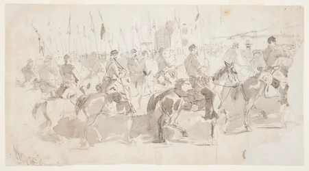Kresba, Šestý jízdní pluk generála McClellana nastupuje v Alexandrii do Old Point Comfort, 2. dubna 1862