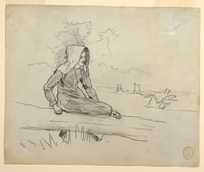 Kresba, Dívka sedící na kmeni stromu, 1879