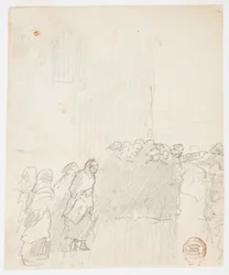 Kresba, Muži a ženy hledící na moře, Cullercoats, Anglie, 1881