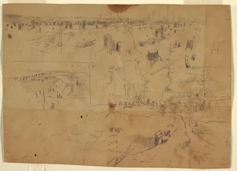 Kresba, Studie bitevního pole s pařezy a otlučenými kmeny stromů, Petersburg, Virginie., 1864
