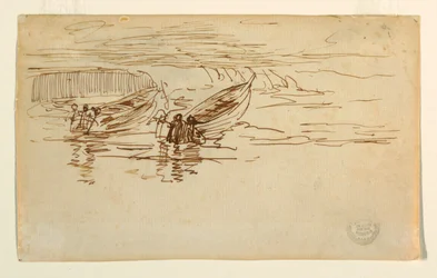 Kresba, Dva čluny při spouštění na vodu, Anglie, 1881