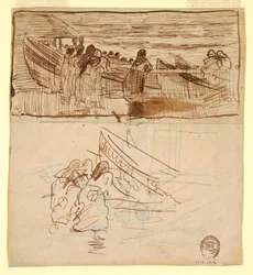 Kresba, Dvě studie žen sledujících spouštění lodiček na vodu, Cullercoats, Anglie, 1881