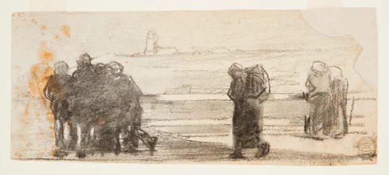 Postavy s výhledem na záliv a malý člun, Cullercoats, Anglie