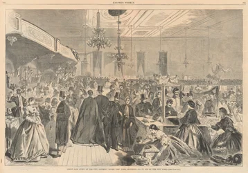Velký veletrh pořádaný v městských shromážděních v New Yorku, prosinec 1861, na pomoc městským chudým; od Harpera