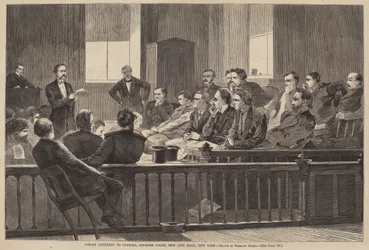 Jurors Listening to Counsel, Nejvyšší soud, New City Hall, New York, publikováno 1869.