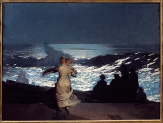 Letní noc. Ženy tančící v měsíčním svitu. Obraz Winslowa Homera (1836-1910). Americká škola