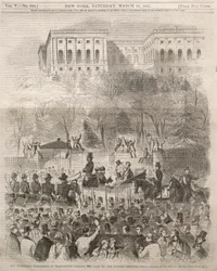 Inaugurační procesí ve Washingtonu procházející bránou hlavního města, 1861.