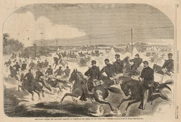 Jízda a dělostřelectvo Unie zahajují pronásledování rebelů po Yorktown Turnpike, z Harper