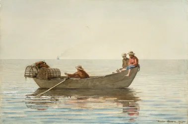 Tři chlapci v lodi Dory s hrnci na humry